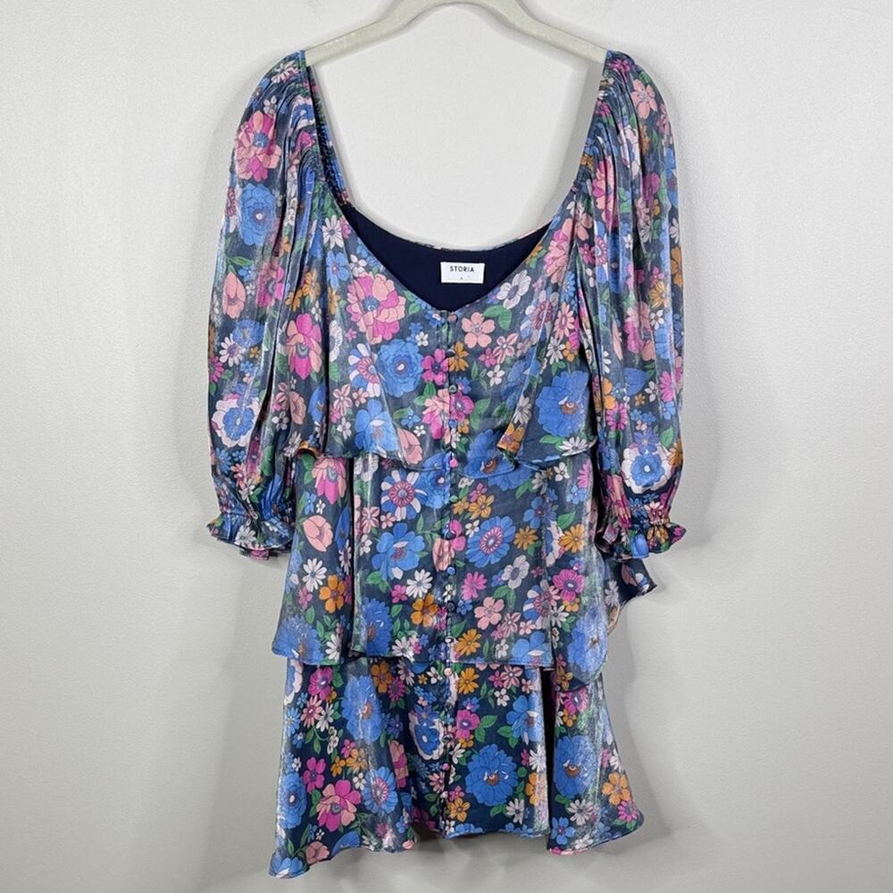 Storia Women's Large Navy Multi Floral Tiered Mini Dress Puff Sleeve Boho